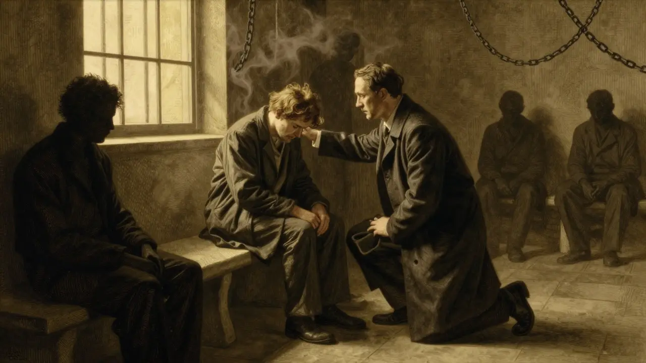 Pacient a psychiatr v temné nemocniční místnosti, kde světlo symbolizuje pomoc.