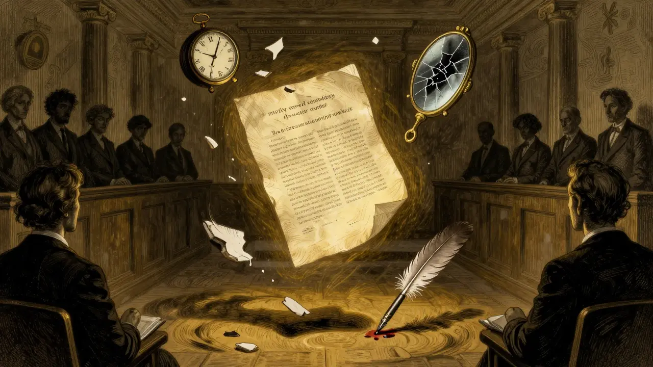 Plovoucí smlouva v soudním prostředí, obklopená symboly porušené důvěry a práva.