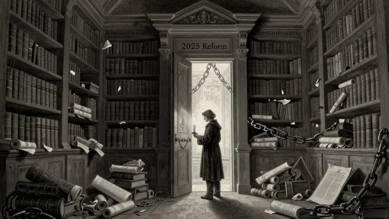 Postava stojí u dveří s nápisem '2025 Reform', drží smlouvu a svíčku, kolem ní knihy a řetězy.