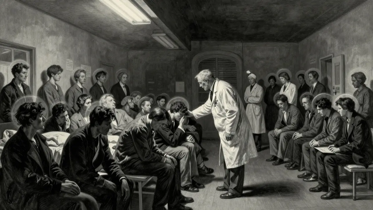 Psychiatrická pohotovost v noci: lékař poslouchá pacienta, kolem nich tiší lidé ve stínech.