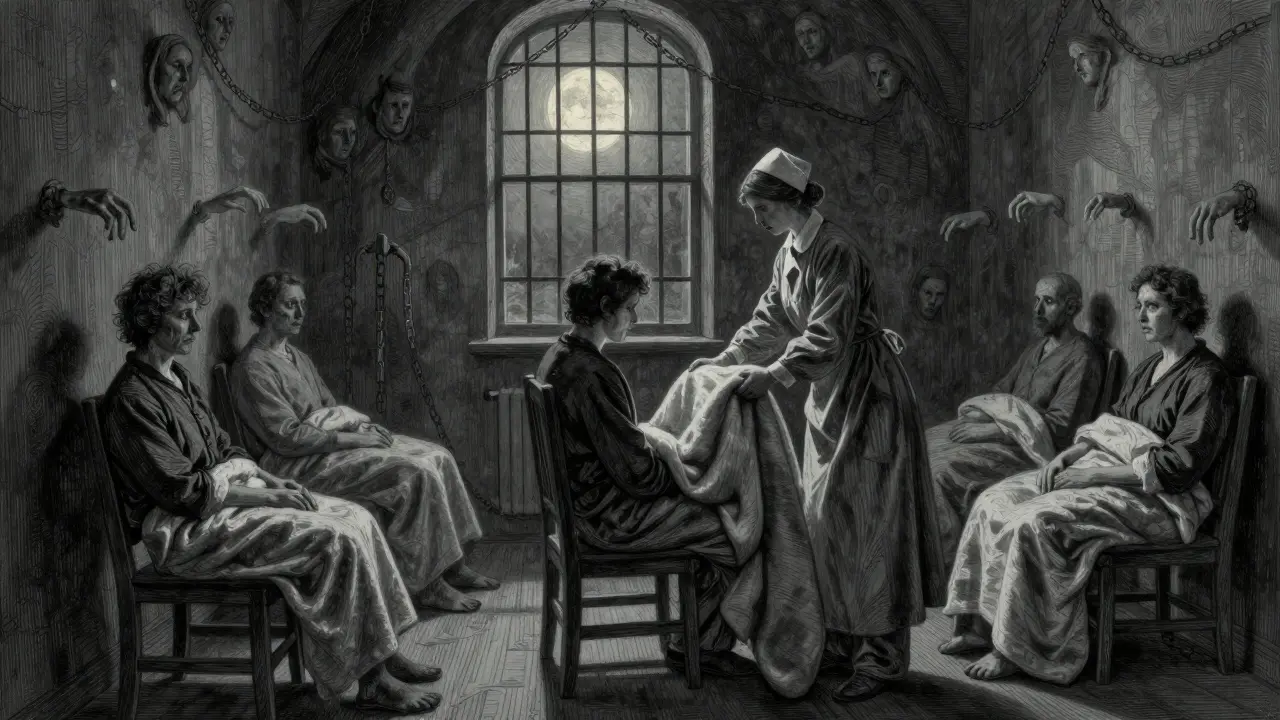 Psychiatrické oddělení v měsíčním světle, pacienti sedí ticho, sestra jim přikrývá plátnem.