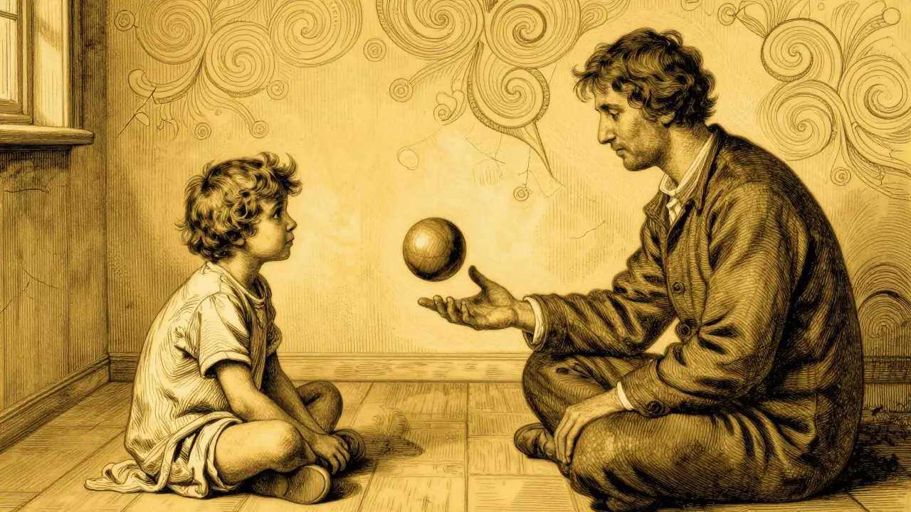 Rodič a dítě hrají společně s terapeutem, při hře se mezi nimi začíná vytvářet důvěra.