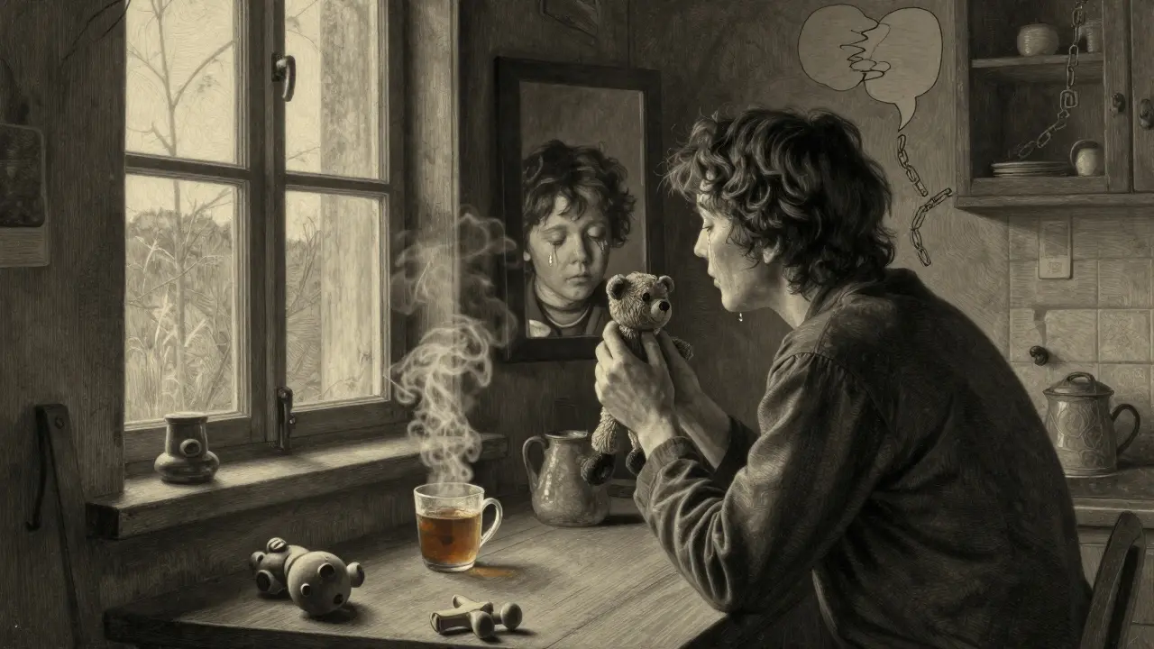 Rodič v kuchyni hledí do zrcadla, kde se odráží spící dítě, ruce drží hračku, slzy na tváři.