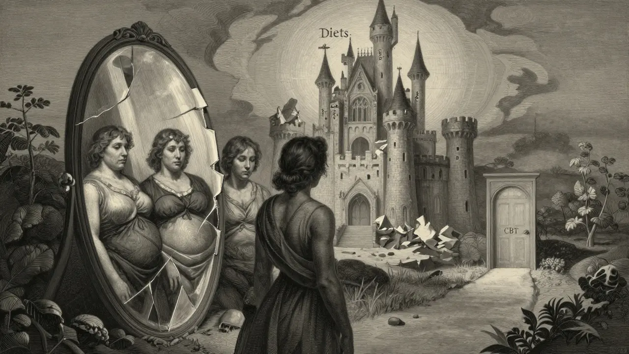 Rozdrcené zrcadlo odrazující různé verze osoby, za nimi hrad z dortu, cesta k dveřím označeným CBT.