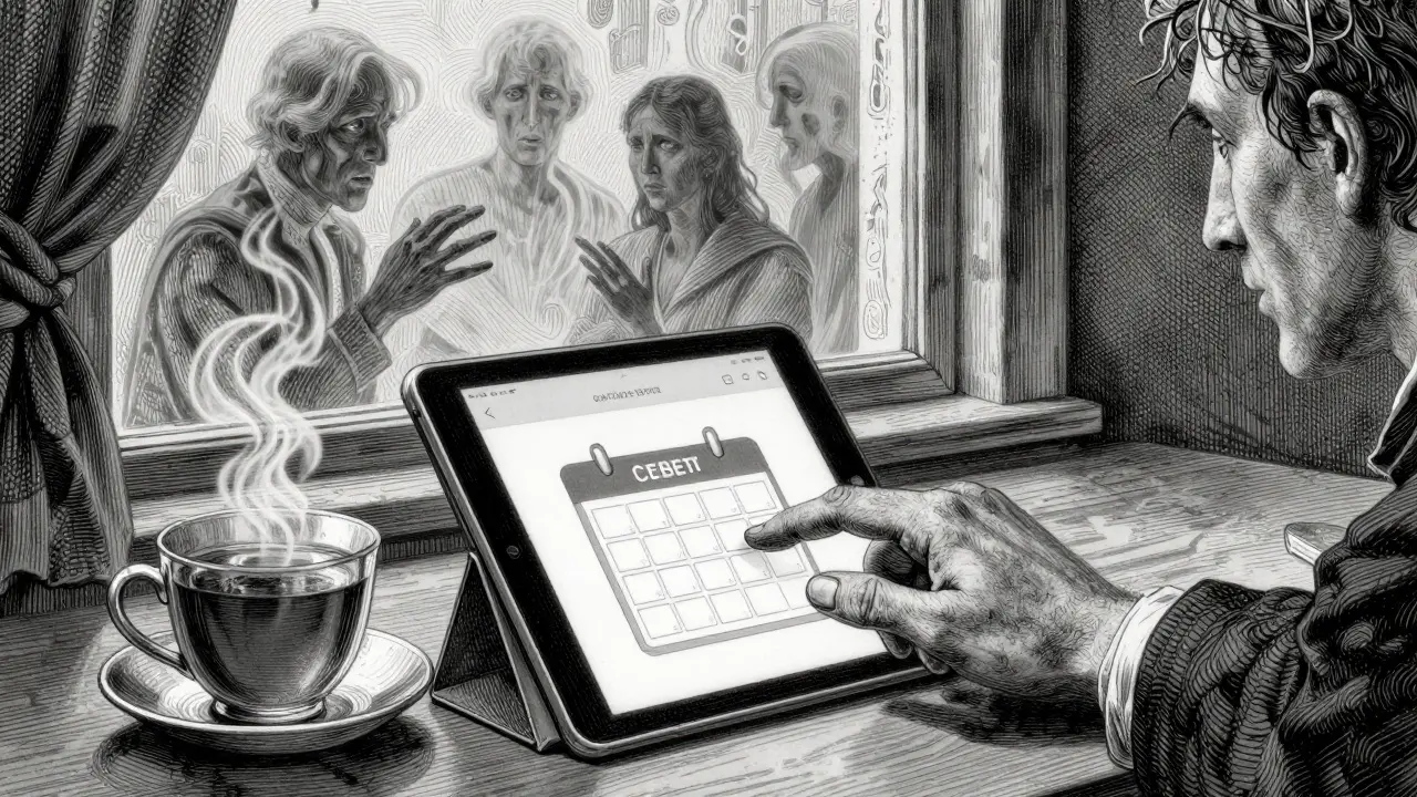 Ruka kliká na online kalendář, vedle ní čaj, z okna se vynořují stíny strachu a naděje.