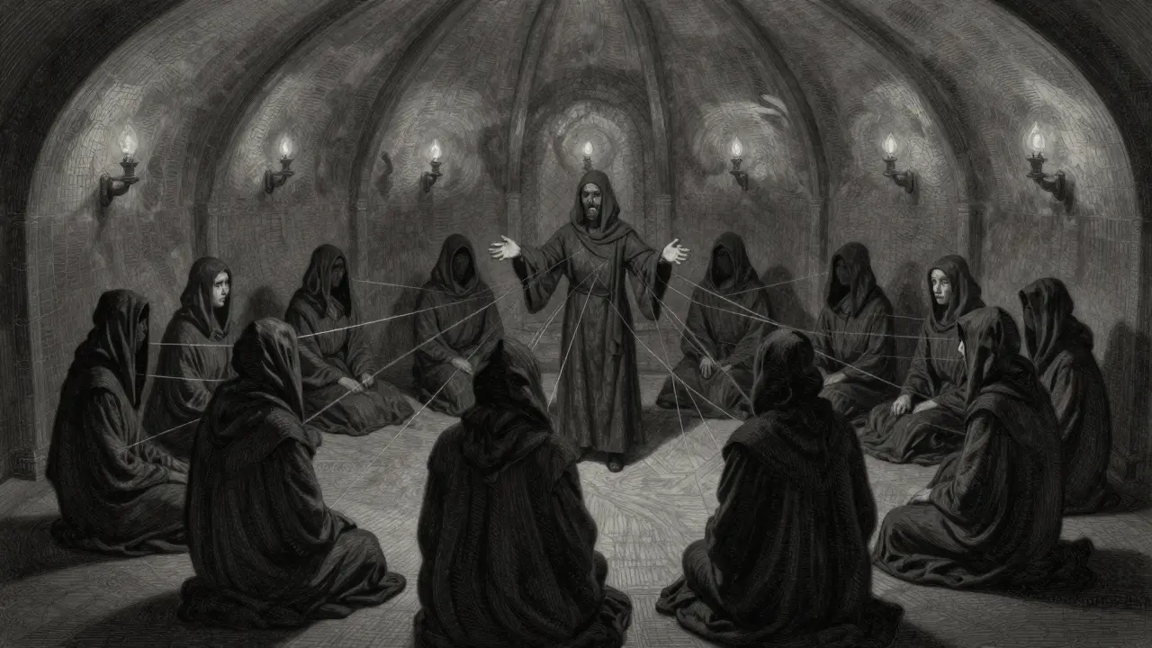 Skupina lidí sedící v kruhu v temné, gotické místnosti, kde jeden z nich prožívá moment poznání.