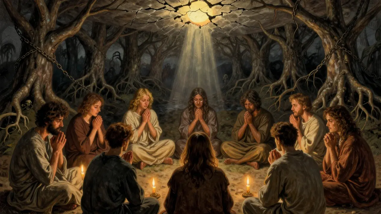 Skupina lidí v terapii v křehkém světle svíček, symbolizující společnou cestu k uzdravení.