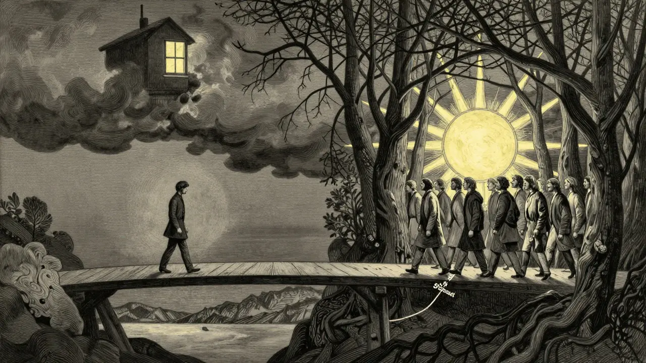 Symbolický most spojující osamělou cestu s cestou skupiny, slunce a stíny v pozadí.