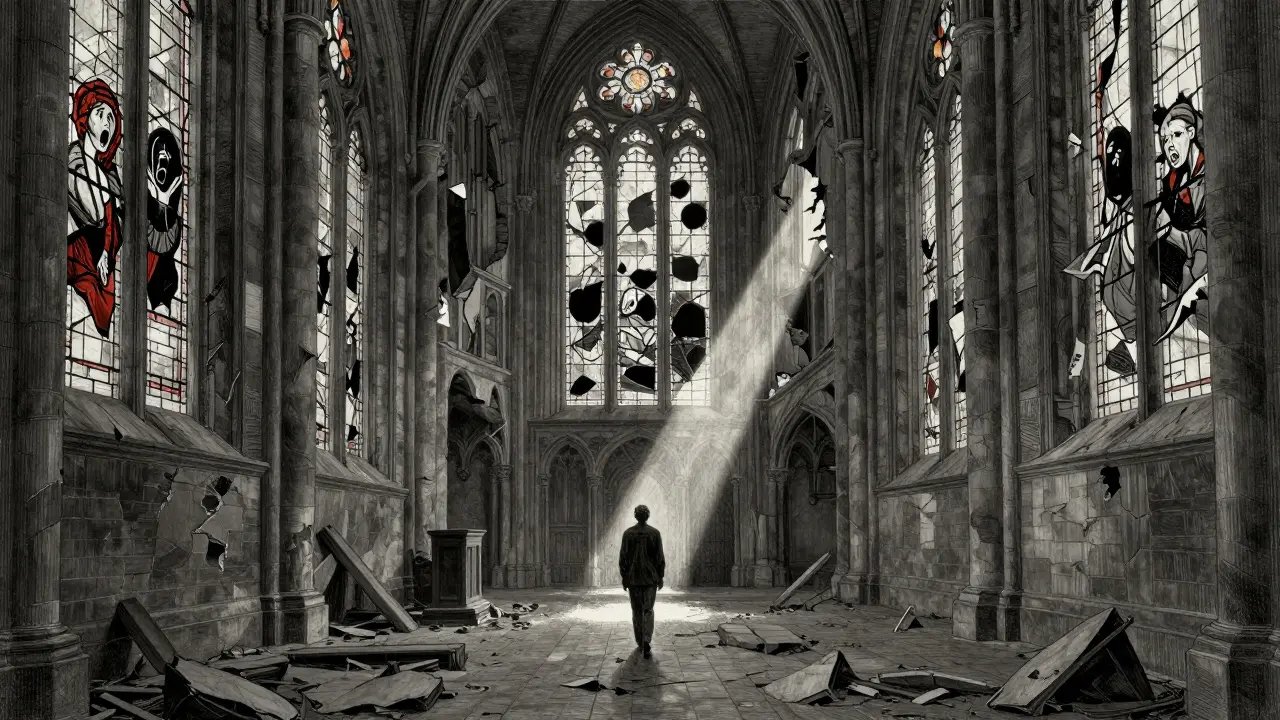 Symbolický vnitřní svět jako zřícená katedrála s emocemi jako zlomenými vitrážemi, kde postava hledá světlo.