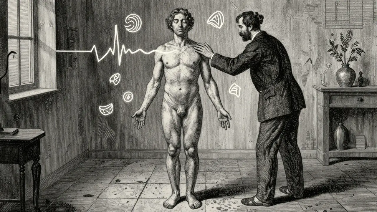 Terapeut a klient stojí v klidném prostředí, terapeut ručně vede tělesné prožitky, kolem nich se vznášejí symboly dechu a napětí.