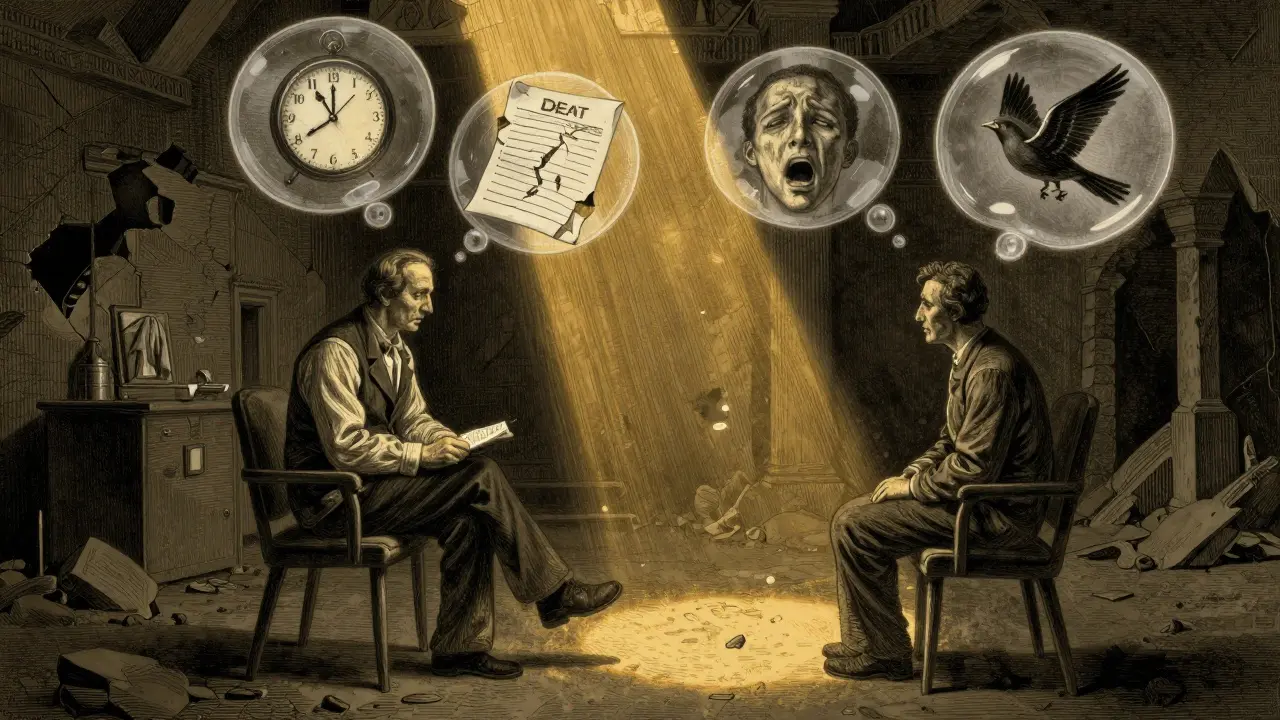 Terapeut a pacient v osvětlené místnosti, nad nimi se vznášejí myšlenky symbolizující emoce a cyklus přejídání.