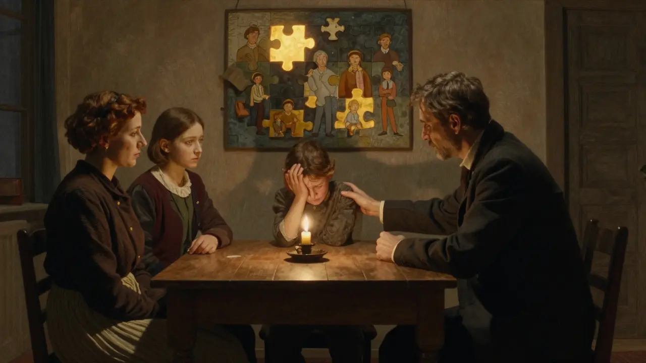 Terapeut klidně podporuje dítě, rodiče sedí u stolu, kolem nich světlo symbolizuje naději.