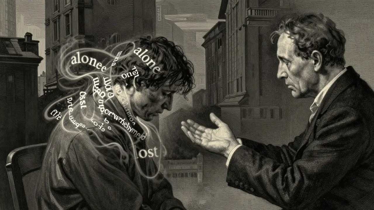 Terapeut odrazuje emocionální bolest klienta, která se objevuje jako duchovní stíny kolem něj.