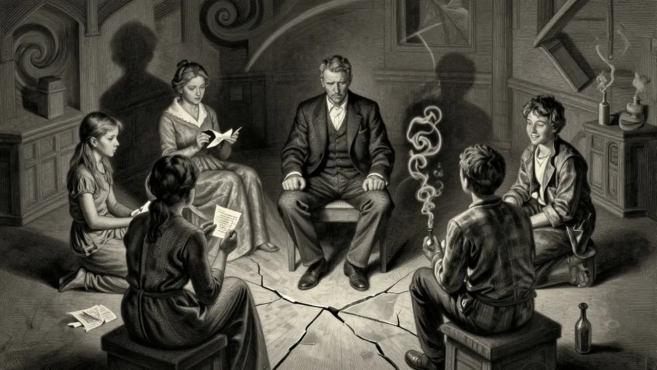 Terapeut v centru rodinného kruhu, každý člen v dramatickém světle a stínu.