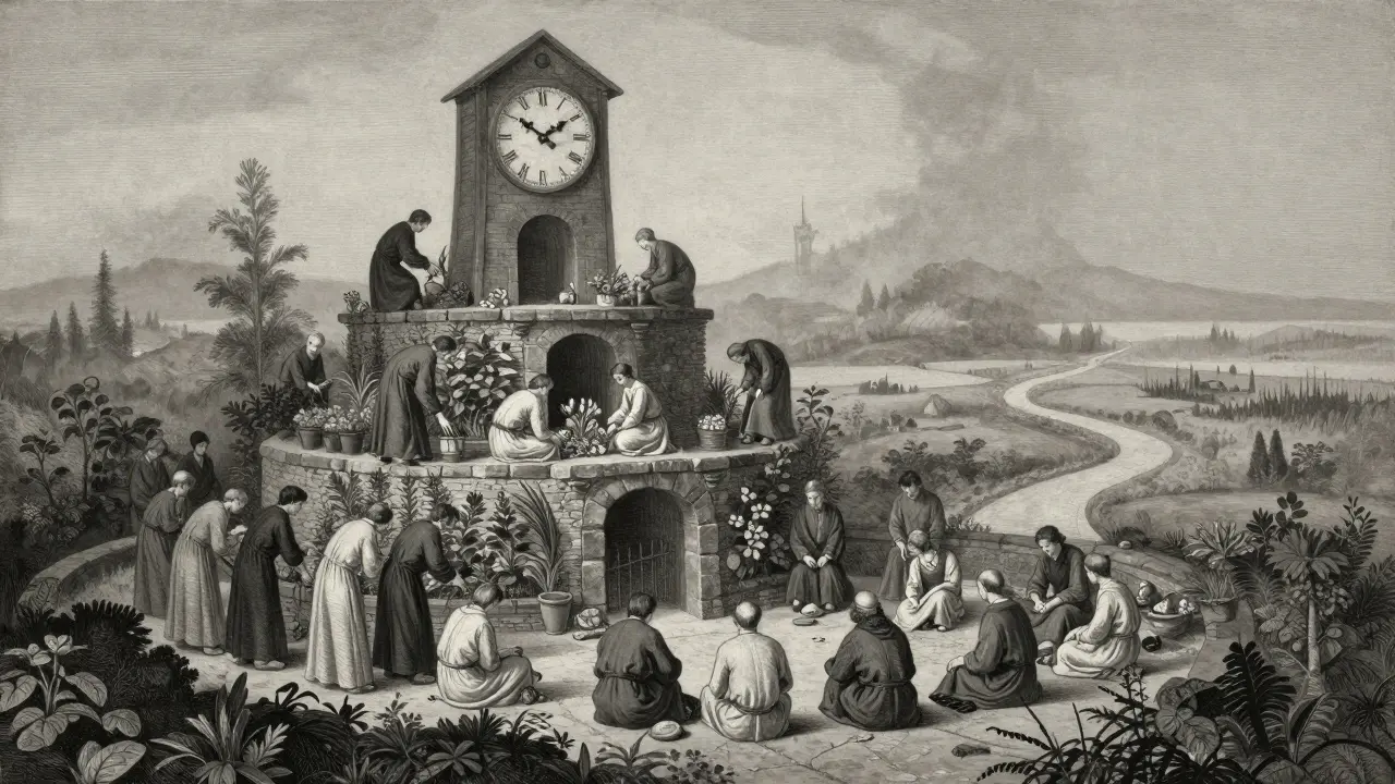 Terapeutická komunita v gothickém krajíně, kde lidé pracují spolu na cestě k uzdravení.