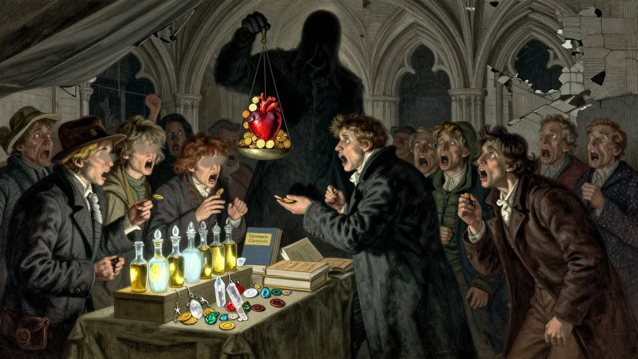 Trh s duchovními produkty, kde klienti kupují oleje a amulety pod dohledem stínové postavy.