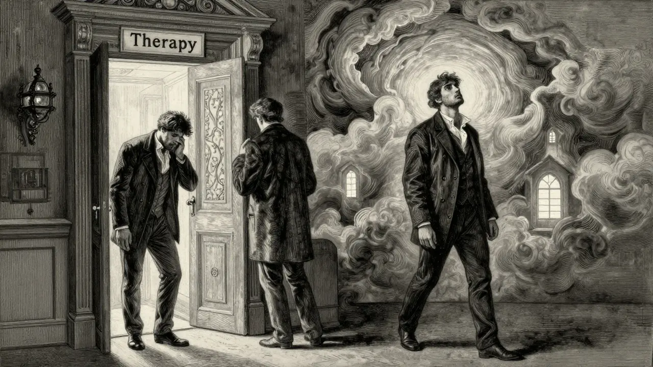 Tři postavy před dveřmi označenými 'Terapie'—jedna se rozhoduje, jedna odchází, jedna vstupuje.