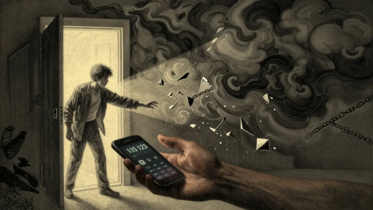 Young person reaching toward light from a doorway, dark despair fading as a hand offers a phone with emergency number.