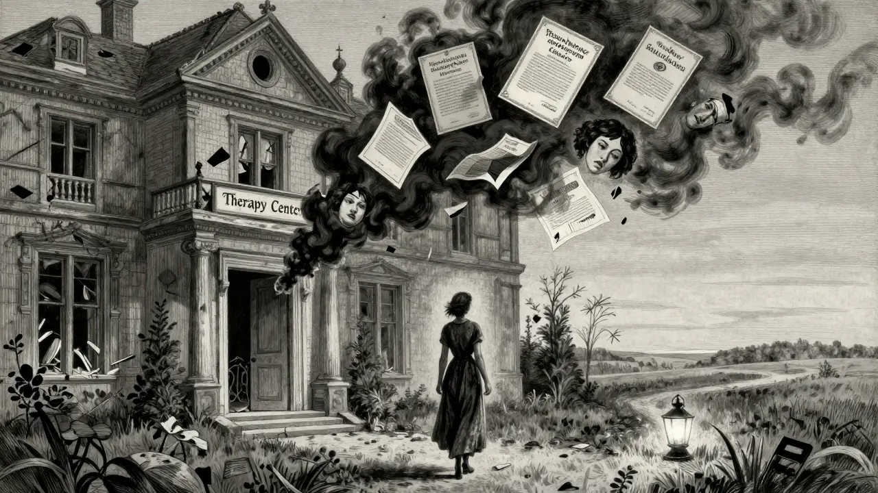 Žena odchází od zříceného domu terapie, před ní svítí lucerna na cestě k volnosti.