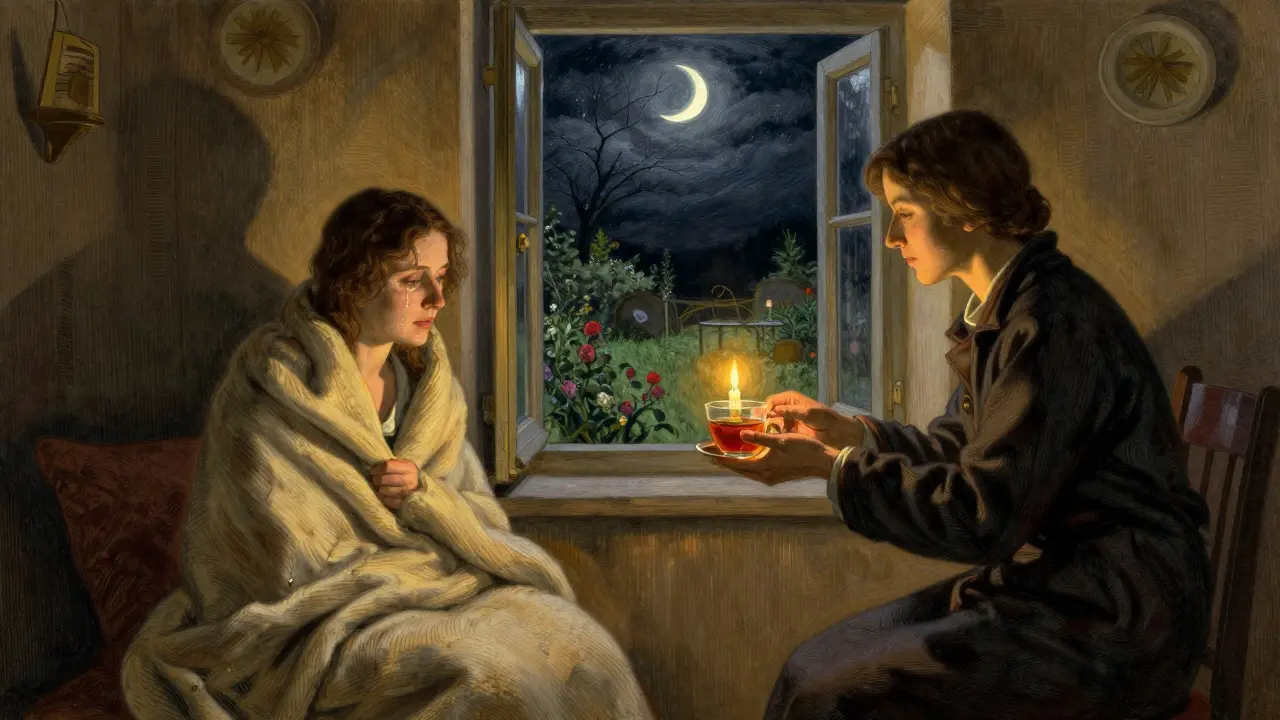 Žena v klidné krizové místnosti s péčí a světlem z okna, symbolizujícím naději.