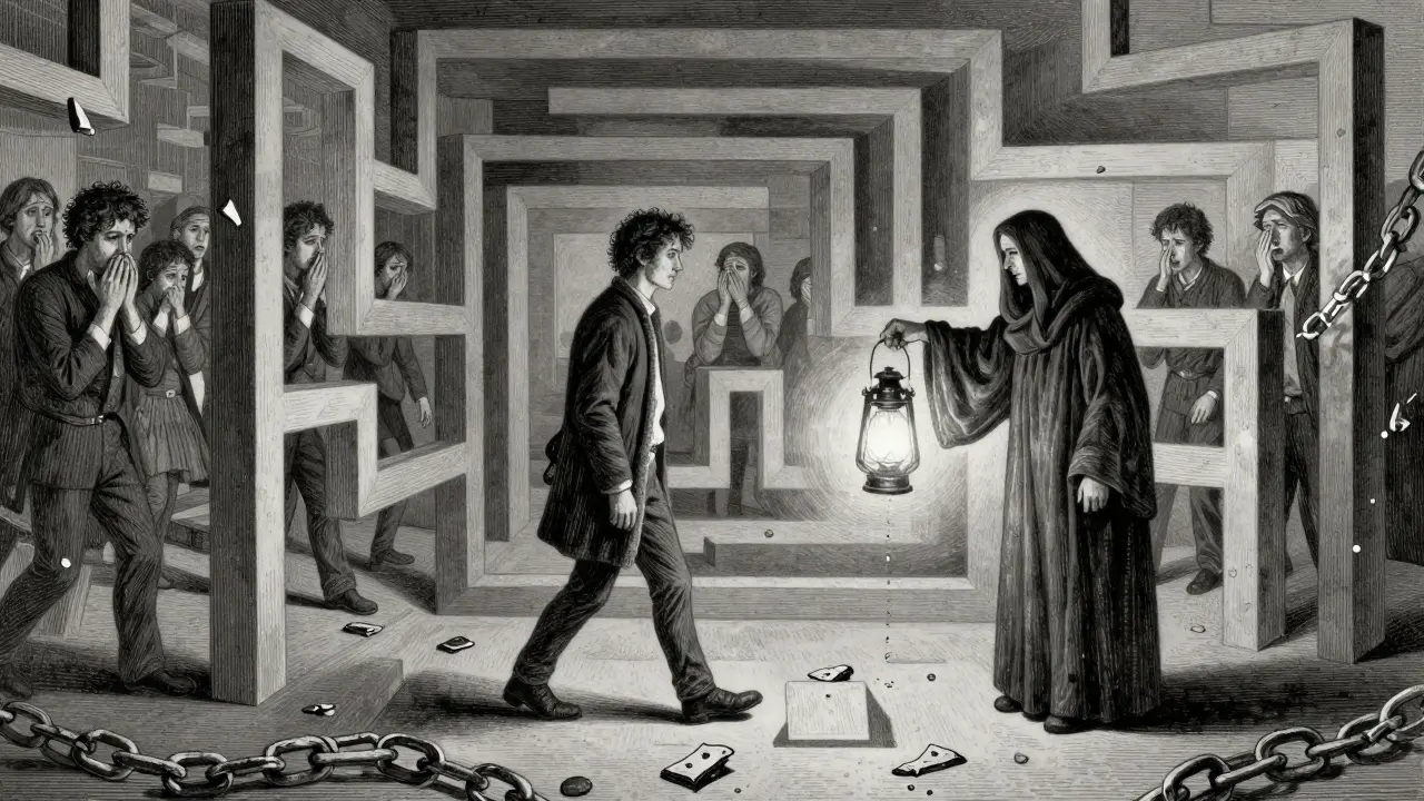 Cesta skrz labyrinth zrcadel, kde vedený člověk světlem lampionu objevuje své vnitřní strachy.