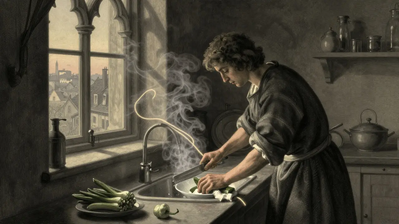 Člověk uklízí kuchyni v ranním světle, světelné proužky sledují jeho pohyby jako rituál.