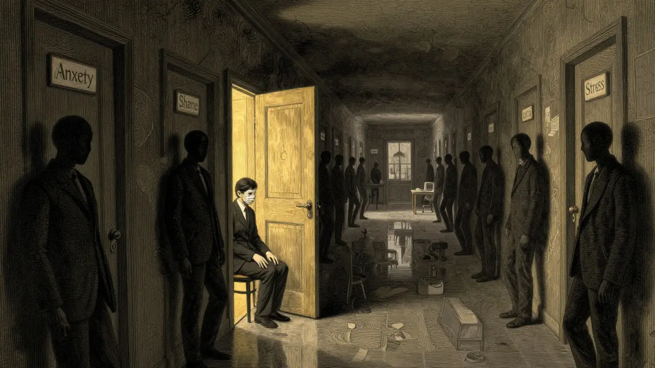 Délkový chodba s dveřmi označenými emocemi, jedny dveře odhalují teplé světlo terapeuta ve stínu.