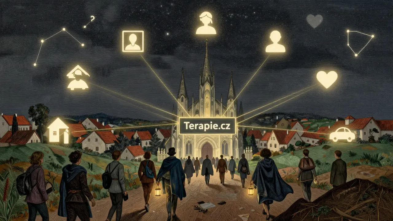 Digitální rozhraní spojující lidi z českého venkova s centrem psychoterapie ve hvězdné obloze.
