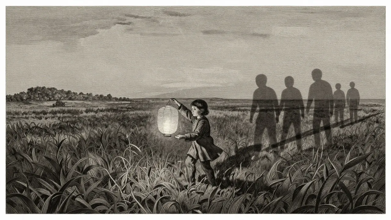 Dítě drží lucernu na poli v šero, zatímco stíny minulosti ustupují, zatímco východ slunce přináší klidnou naději.