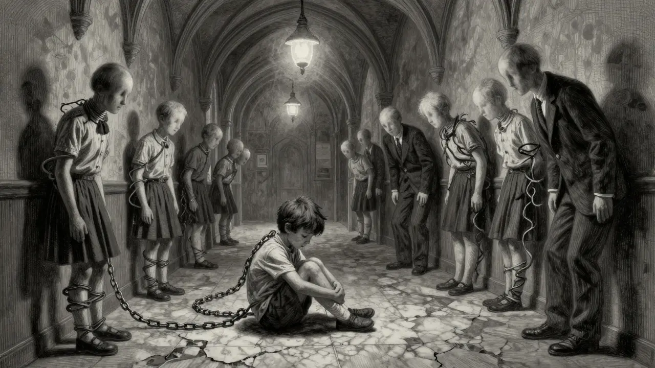 Dítě sedí v prázdné chodbě, kolem něj se vynořují hmotné řetězy úzkosti, stínové postavy se kolem něj hýbou.