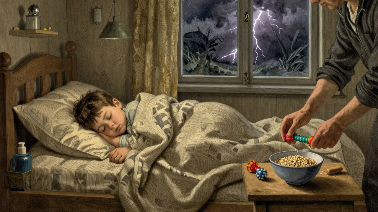 Dítě spí pod váženou pokrývkou v klidném domácím prostředí s texturovanými potravinami na stole.