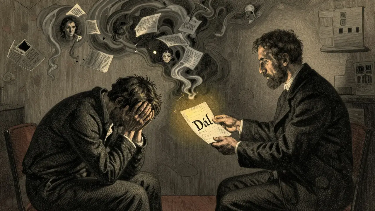 Dva lidé v terapeutické místnosti, jedna ruka podává papír se slovem 'Dál'.