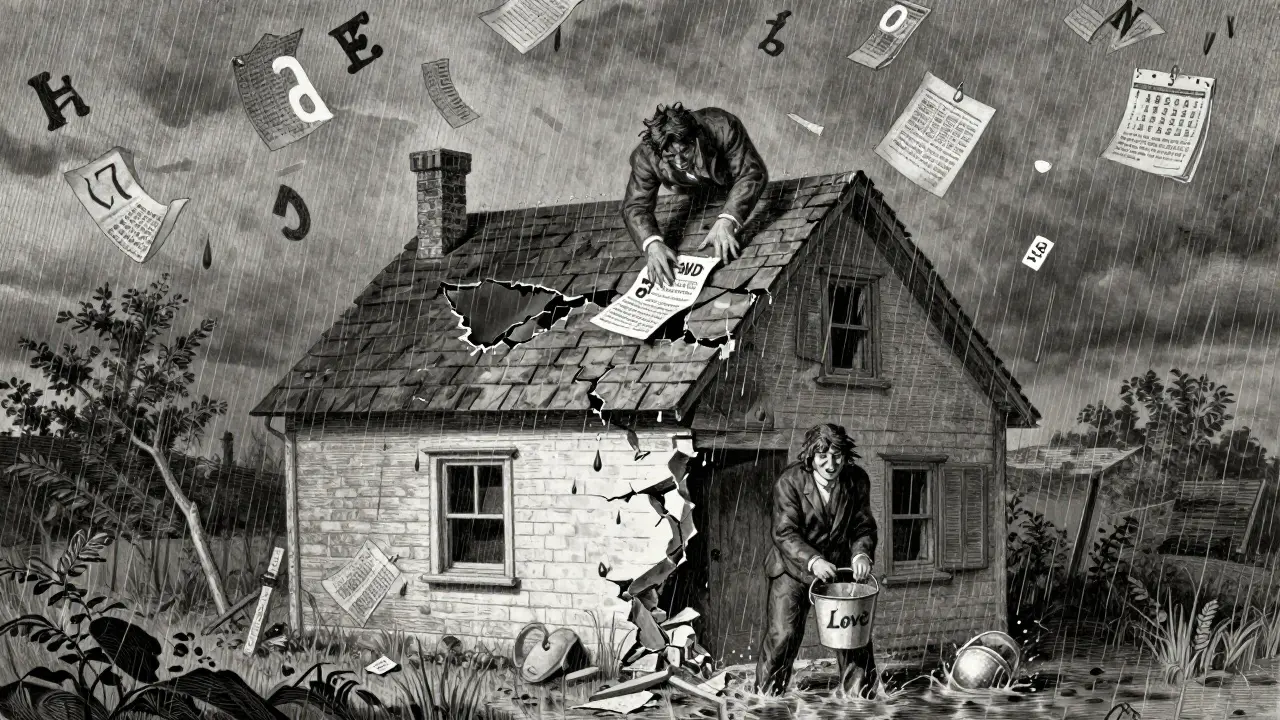 Dvě postavy v rozpadajícím se domě: jedna opravuje střechu, druhá chytá vodu z průtoku.