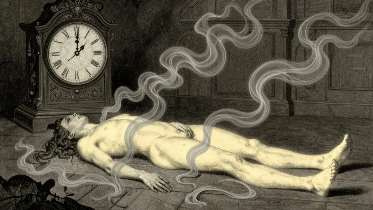 Klient ležící, zářící sken těla od nohou k hlavě, zatímco úzkost se mění v mlhu.