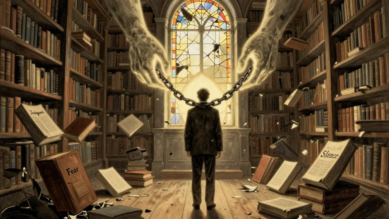 Klient stojí ve velké knihovně, kde mu neviditelné ruce odstraňují řetězy strachu a odsouzení.