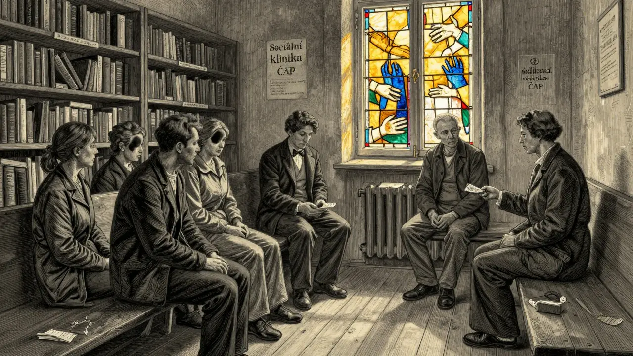 Lidé v sociální klinice přijímají terapii za snížené ceny, osvětleni teplým světlem.