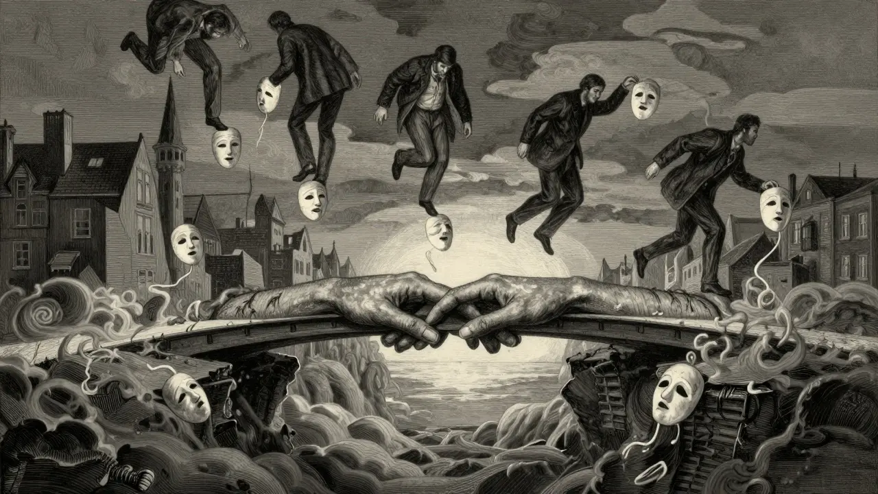 Most z rukou přes propast s klesajícími maskami, symbolizující transformaci v terapii.