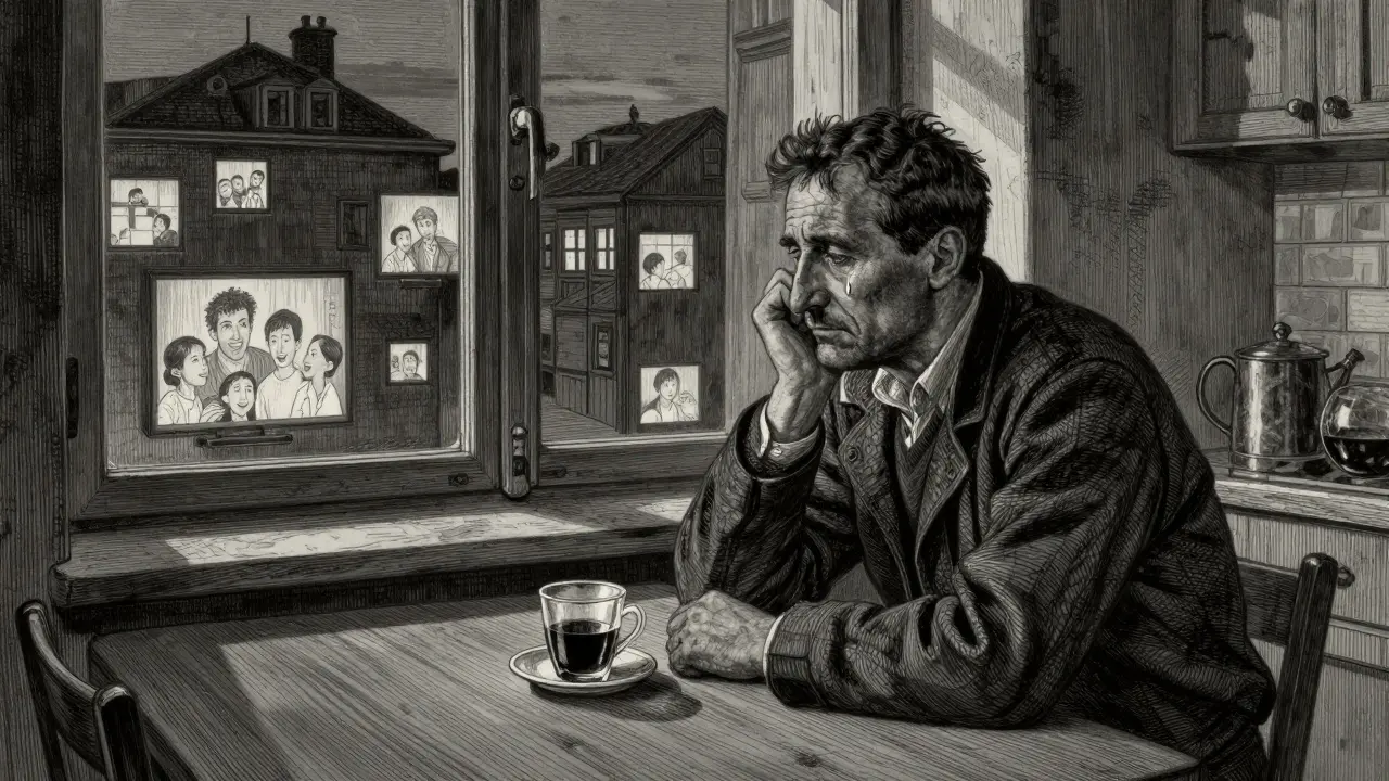 Muž sedí v kuchyni při studené kávě, v okně odraz šťastných rodin z obrazovek.