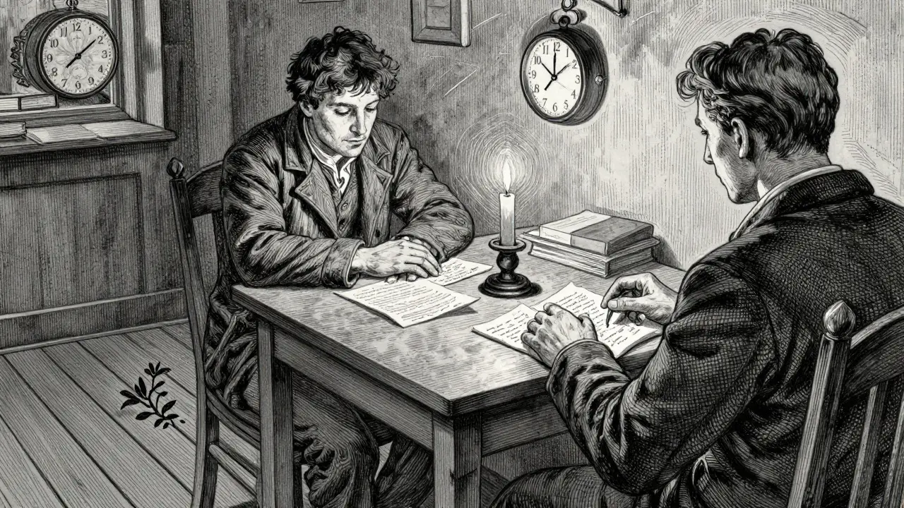 Osoba a terapeut sedí v klidné místnosti, na stole jsou osobní poznámky a rostlina roste z trhliny podlahy.