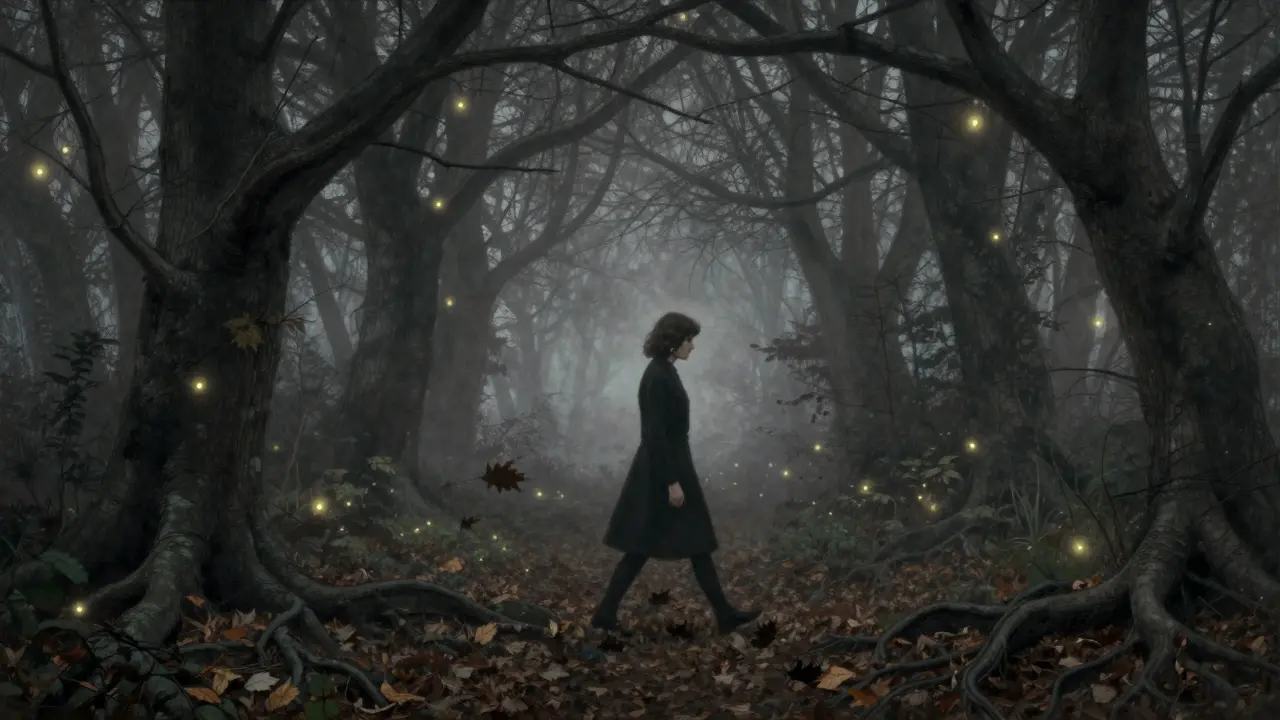 Osoba prochází mlhavým lesem ve tmě, kde stromy tvoří katedrální oblouky a ohnivé brouky svítí jako hvězdy.