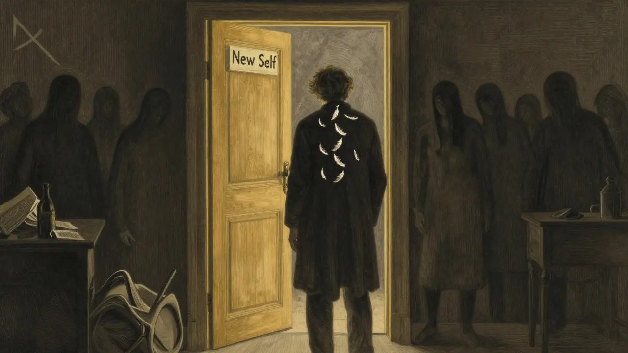 Osoba se dotýká dveří označených 'Nový já', zatímco za ní zůstává temná minulost.