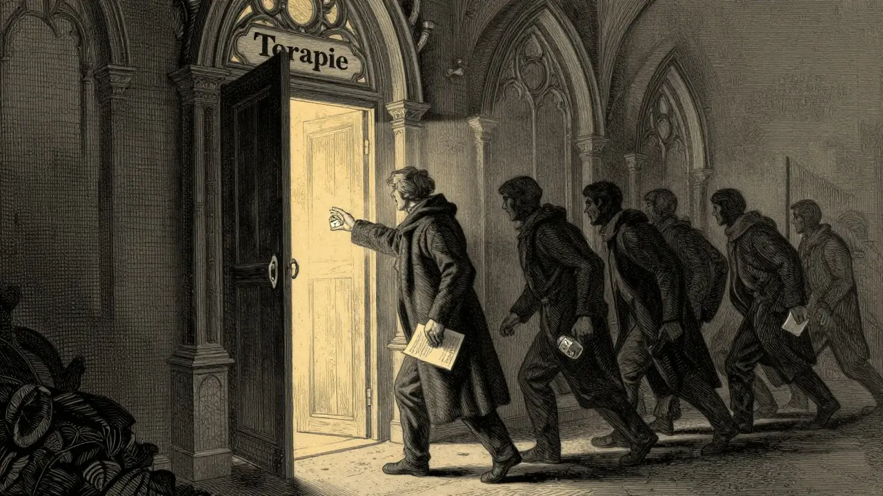 Osoba stojí na prahu terapie, drží léky a soubor, zatímco stíny minulosti ustupují k světlu.