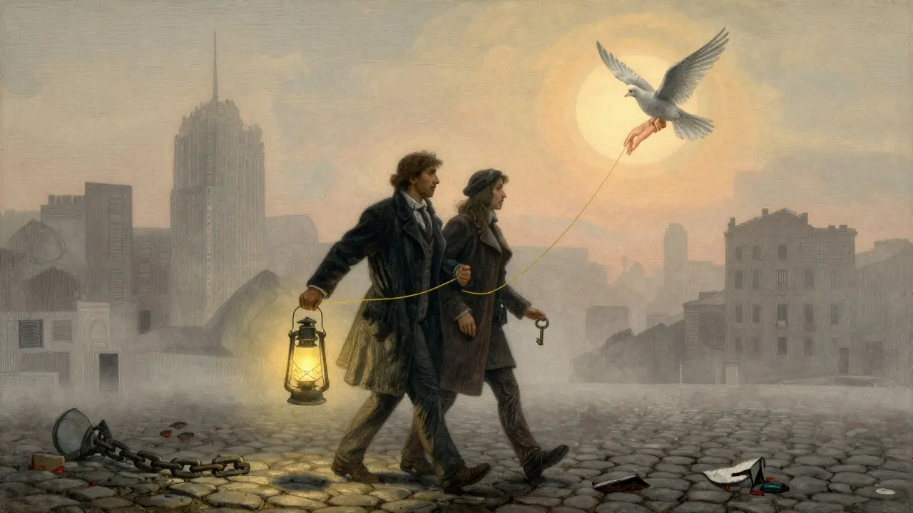 Pár kráčí mlhavým městem, jeden nese světlo, druhý klíč, mezi nimi zlatá nit a pták v oblacích.