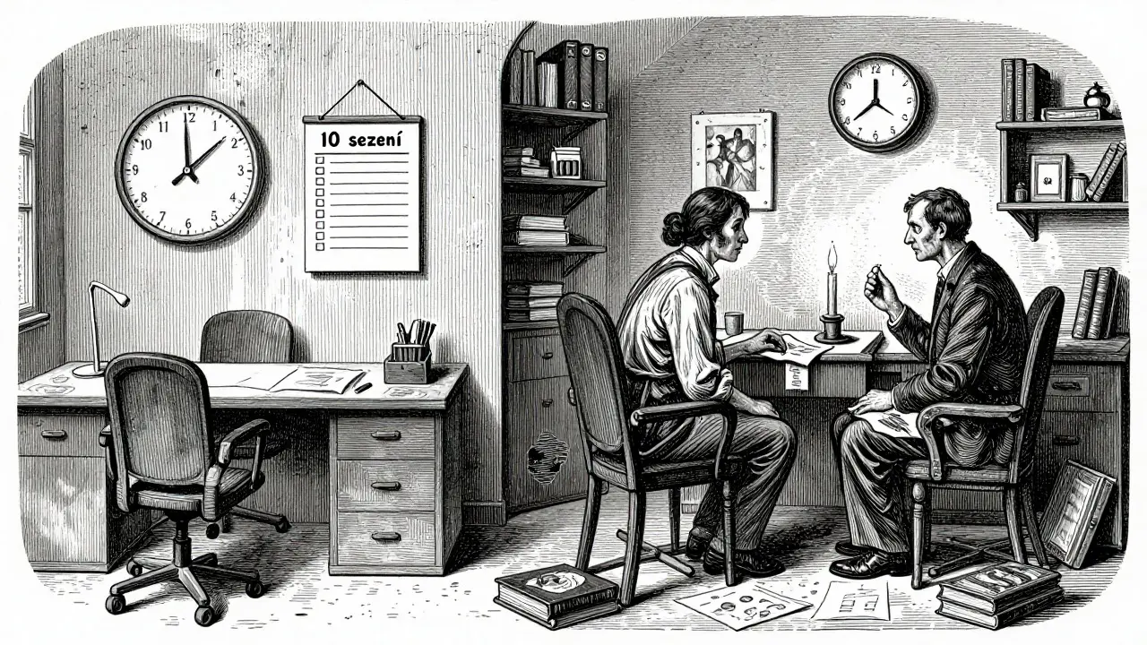 Porovnání dlouhé čekací doby a okamžitého přístupu k terapii v temném, detailním stylu.