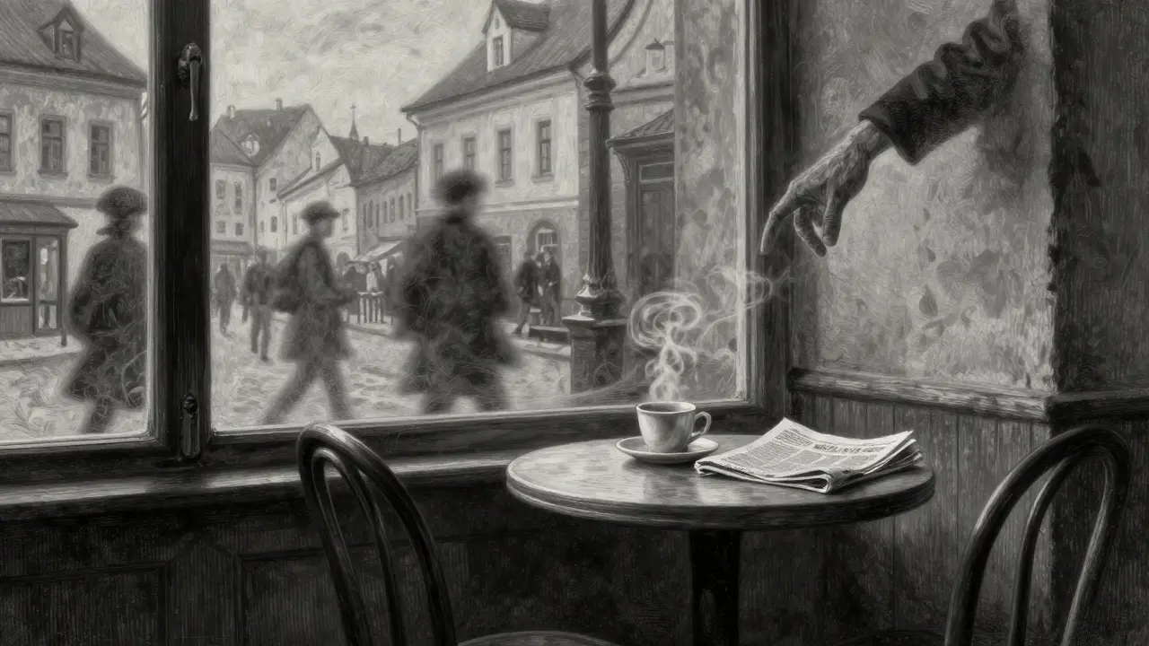 Prázdná kavárna v českém městě, jedna židle, nevyplněná káva, venku lidé procházejí bez zastavení.