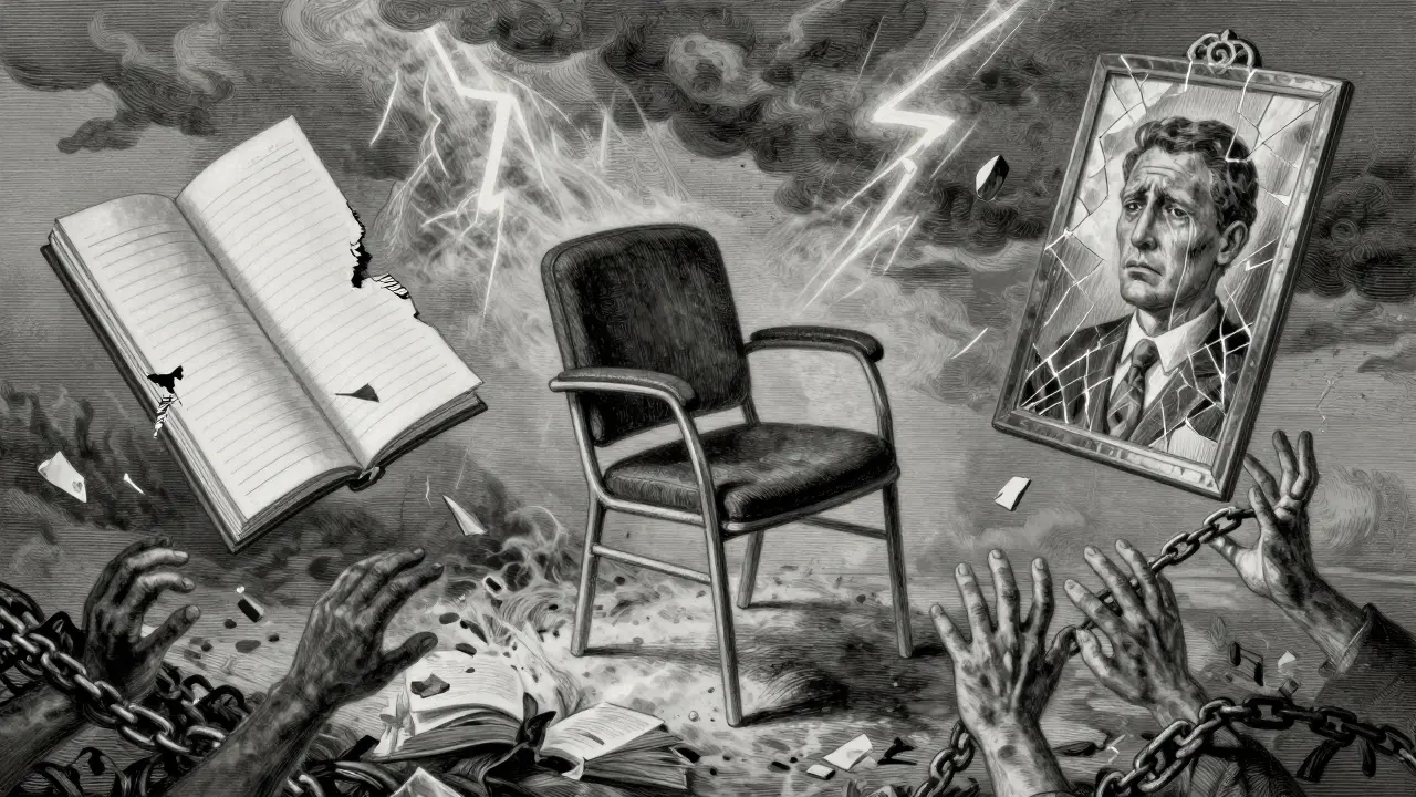 Prázdná křeslo ve větři, kolem něj plavou kousky terapeutické práce.