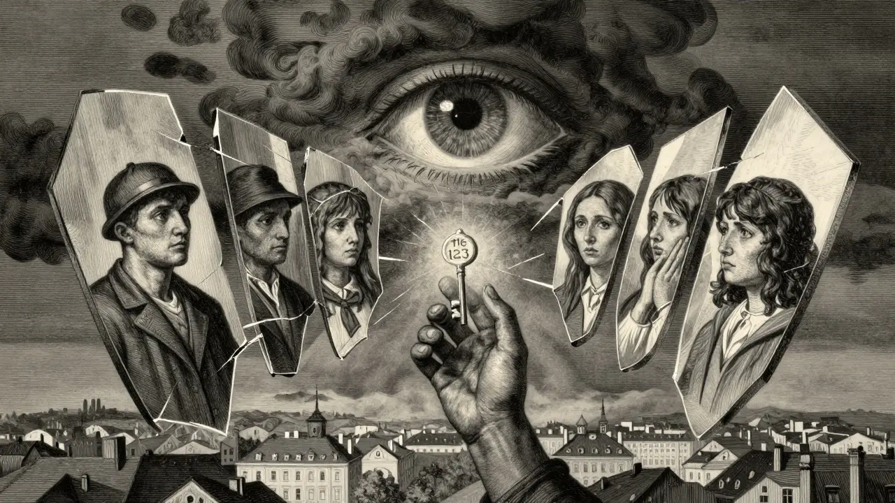 Rozbité zrcadlo v bouřlivém nebi, každý kousek odrazuje skrytou osobu, ruka drží klíč s číslem 116 123.