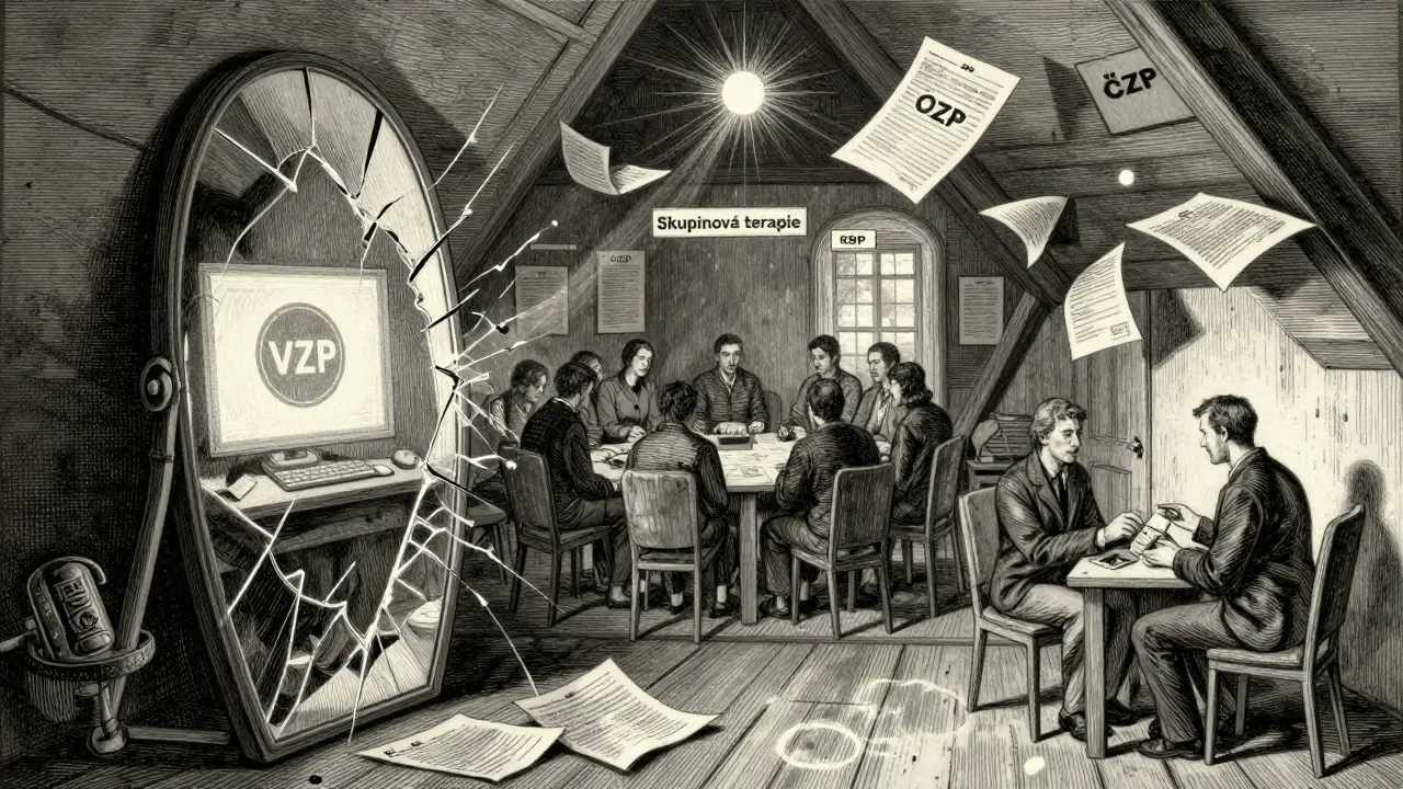Rozdělená zrcadlová scéna ukazující různé možnosti terapie v ČR v roce 2026.