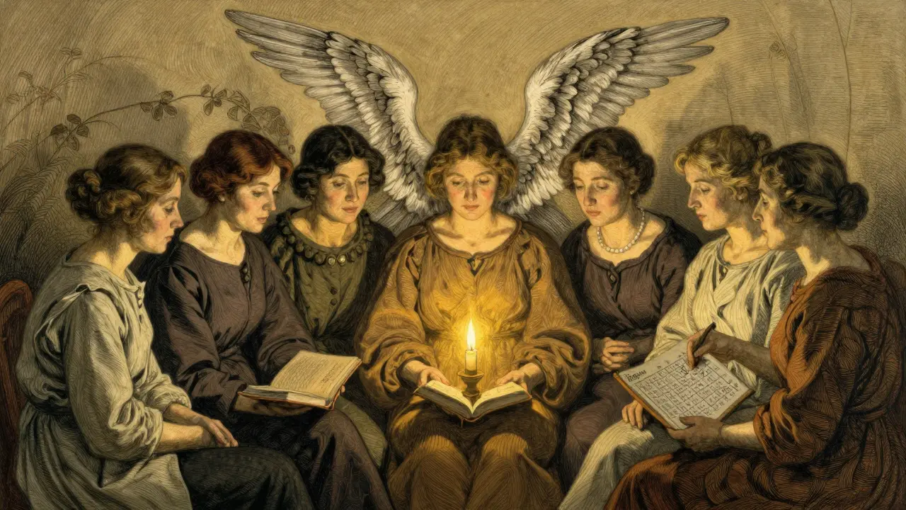 Skupina žen sedí v kruhu, jedna drží knihu, nad nimi vznášejí se jemné křídla jako symbol přijetí sebe sama.