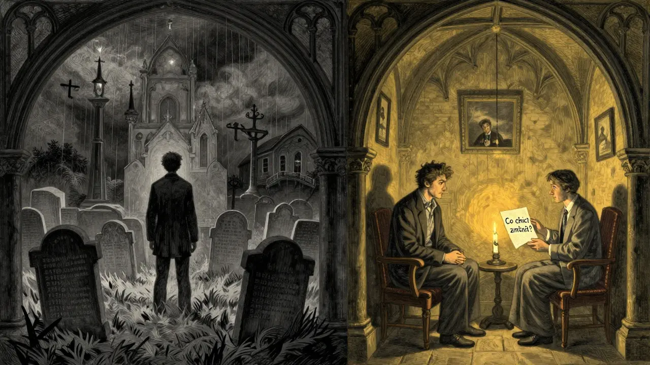 Symbolický obraz rozděleného života: minulost v bouři a přítomnost v klidu, spojená terapeutem.